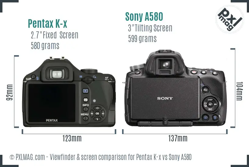 Pentax K-x vs Sony A580 Screen and Viewfinder comparison