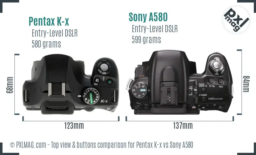 Pentax K-x vs Sony A580 top view buttons comparison