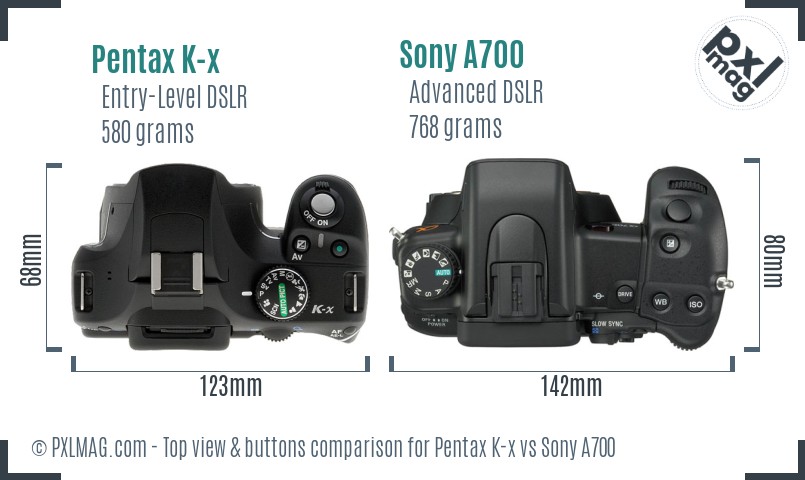 Pentax K-x vs Sony A700 top view buttons comparison