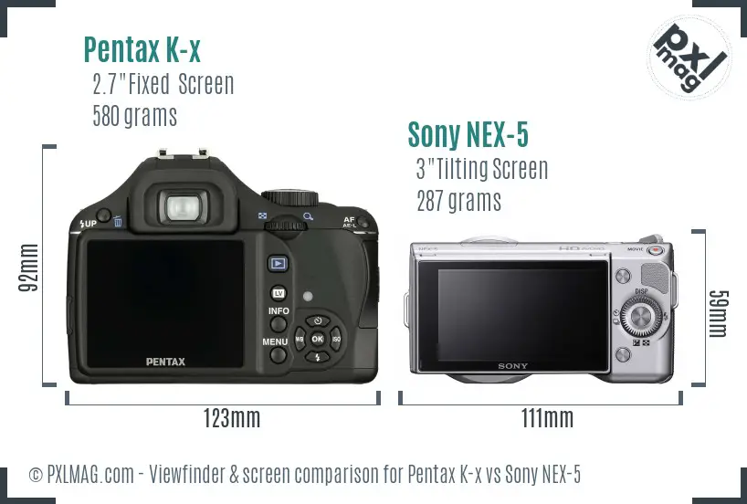 Pentax K-x vs Sony NEX-5 Screen and Viewfinder comparison