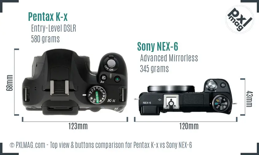 Pentax K-x vs Sony NEX-6 top view buttons comparison