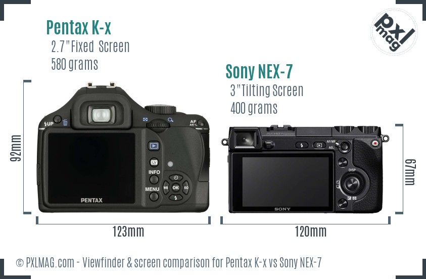 Pentax K-x vs Sony NEX-7 Screen and Viewfinder comparison