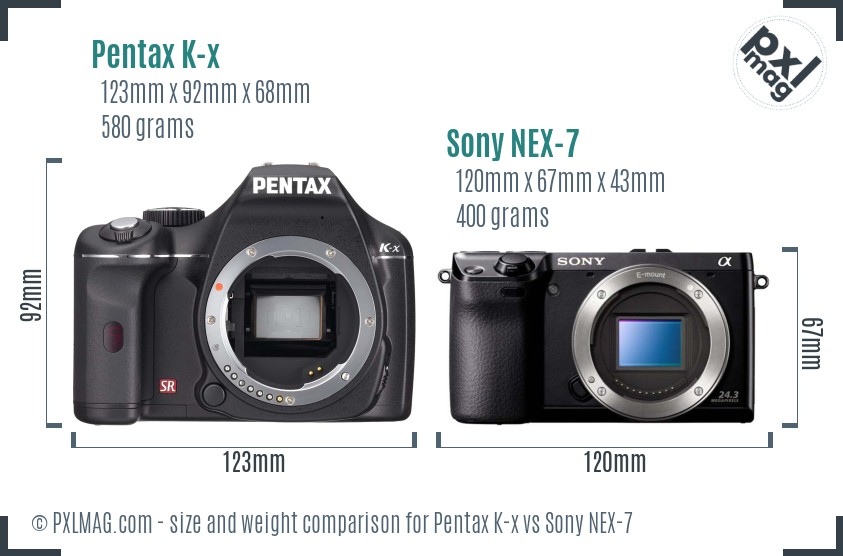 Pentax K-x vs Sony NEX-7 size comparison Pentax K-x vs Sony NEX-7 size comparison