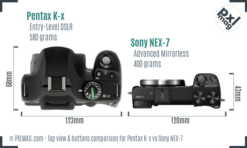 Pentax K-x vs Sony NEX-7 top view buttons comparison