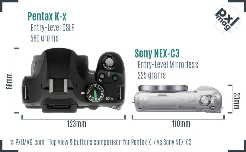 Pentax K-x vs Sony NEX-C3 top view buttons comparison