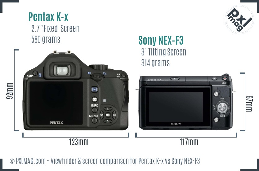 Pentax K-x vs Sony NEX-F3 Screen and Viewfinder comparison