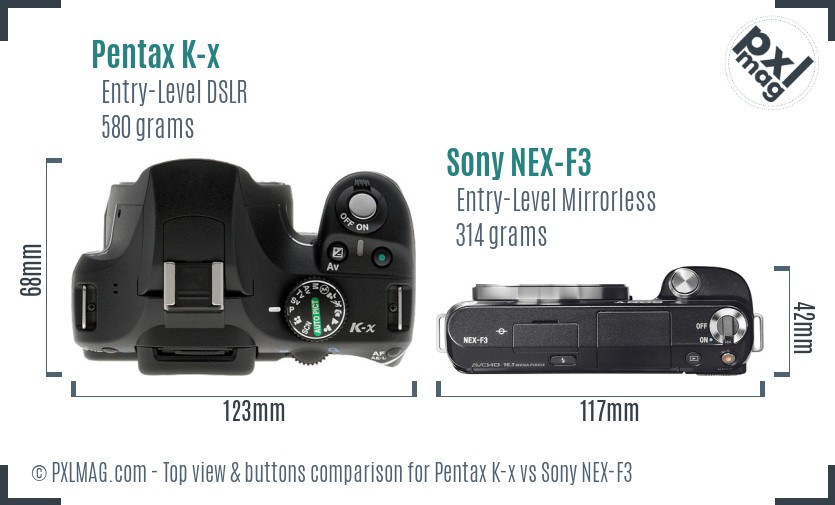 Pentax K-x vs Sony NEX-F3 top view buttons comparison