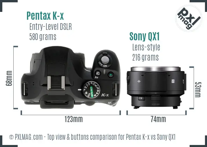 Pentax K-x vs Sony QX1 top view buttons comparison