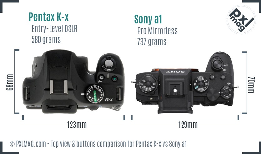 Pentax K-x vs Sony a1 top view buttons comparison