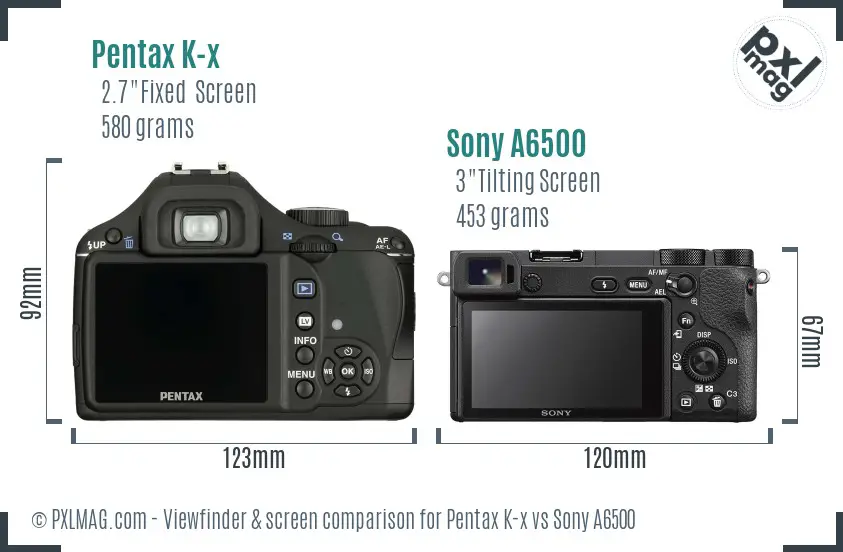 Pentax K-x vs Sony A6500 Screen and Viewfinder comparison