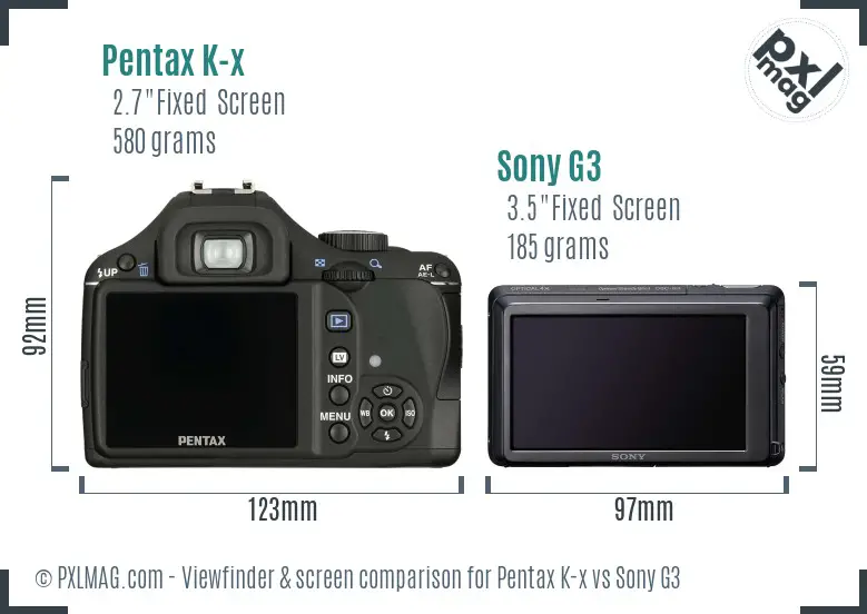 Pentax K-x vs Sony G3 Screen and Viewfinder comparison