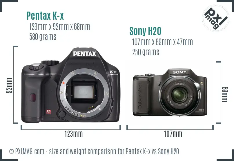 Pentax K-x vs Sony H20 size comparison