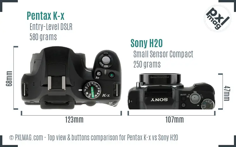 Pentax K-x vs Sony H20 top view buttons comparison