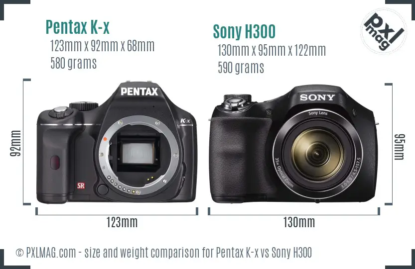 Pentax K-x vs Sony H300 size comparison
