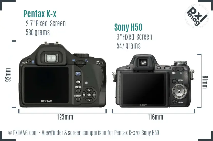 Pentax K-x vs Sony H50 Screen and Viewfinder comparison