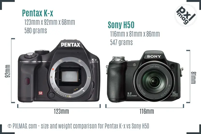 Pentax K-x vs Sony H50 size comparison