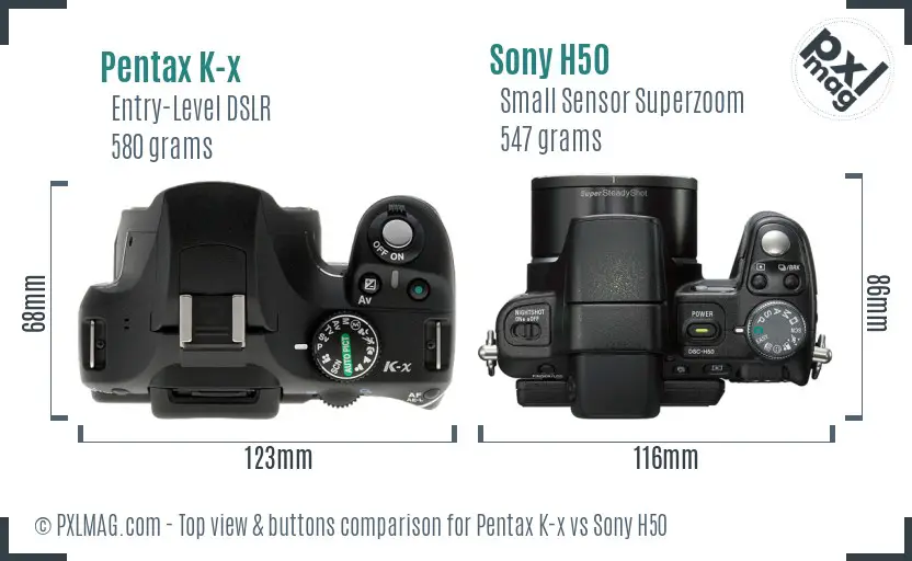 Pentax K-x vs Sony H50 top view buttons comparison