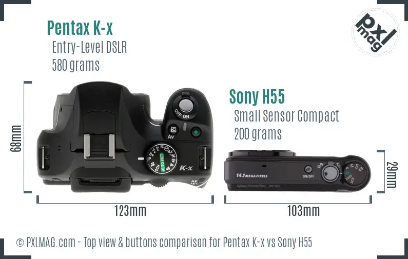 Pentax K-x vs Sony H55 top view buttons comparison Pentax K-x vs Sony H55 top view buttons comparison