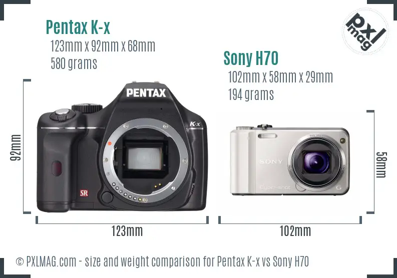 Pentax K-x vs Sony H70 size comparison