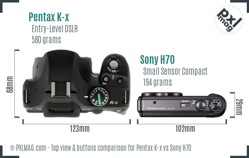 Pentax K-x vs Sony H70 top view buttons comparison