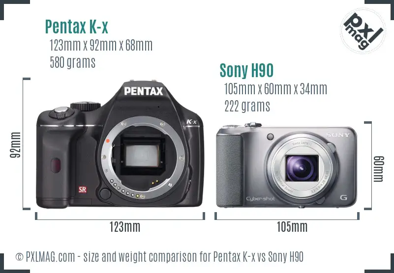 Pentax K-x vs Sony H90 size comparison