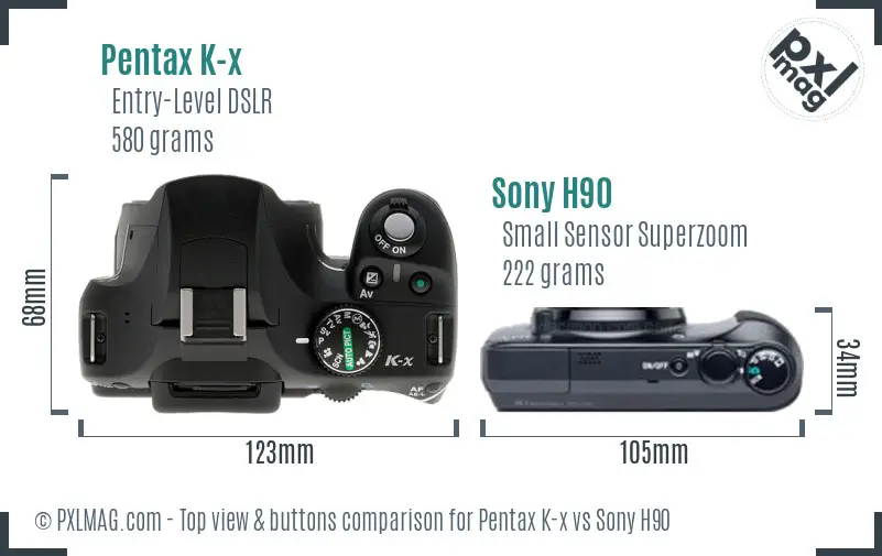 Pentax K-x vs Sony H90 top view buttons comparison