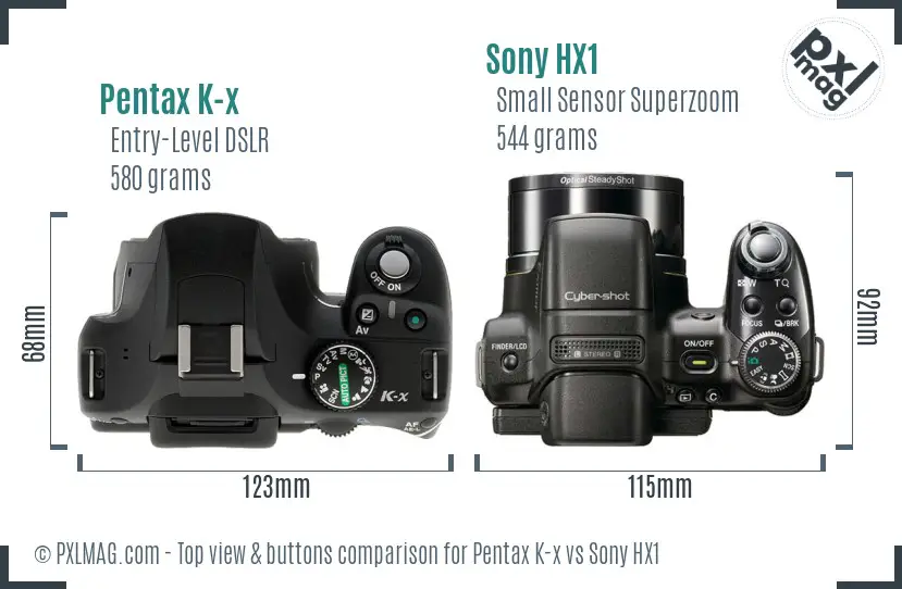 Pentax K-x vs Sony HX1 top view buttons comparison Pentax K-x vs Sony HX1 top view buttons comparison