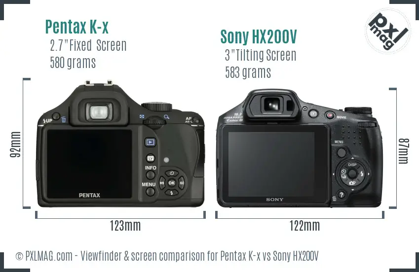 Pentax K-x vs Sony HX200V Screen and Viewfinder comparison