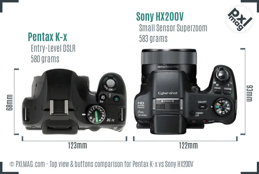 Pentax K-x vs Sony HX200V top view buttons comparison