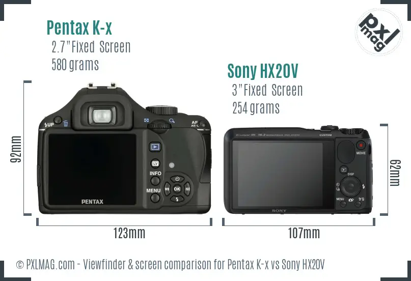 Pentax K-x vs Sony HX20V Screen and Viewfinder comparison