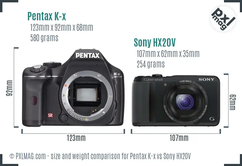 Pentax K-x vs Sony HX20V size comparison