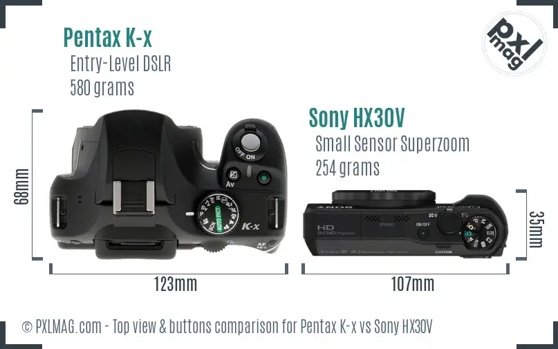 Pentax K-x vs Sony HX30V top view buttons comparison Pentax K-x vs Sony HX30V top view buttons comparison