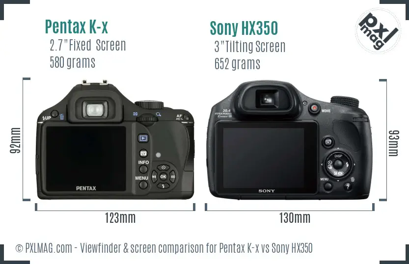 Pentax K-x vs Sony HX350 Screen and Viewfinder comparison