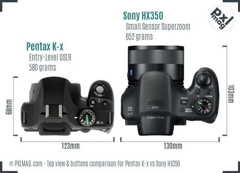 Pentax K-x vs Sony HX350 top view buttons comparison
