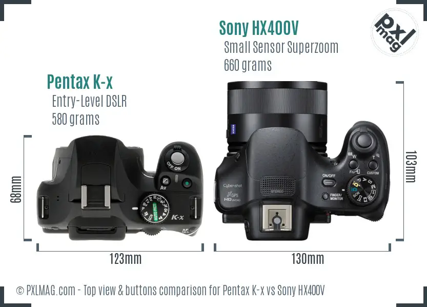 Pentax K-x vs Sony HX400V top view buttons comparison Pentax K-x vs Sony HX400V top view buttons comparison