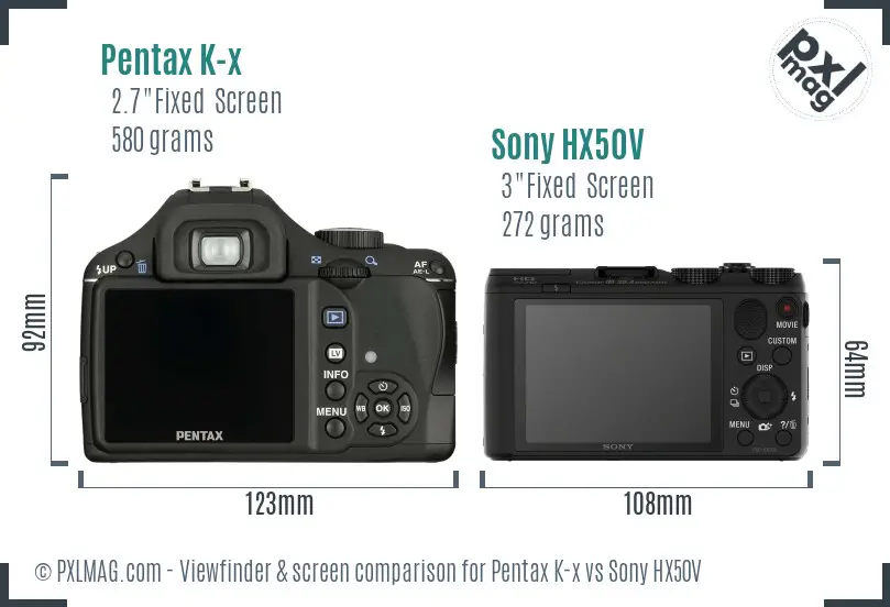 Pentax K-x vs Sony HX50V Screen and Viewfinder comparison