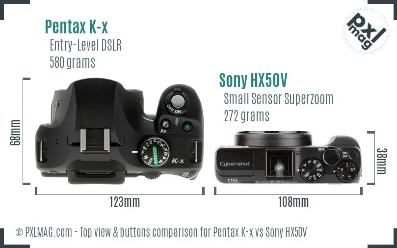 Pentax K-x vs Sony HX50V top view buttons comparison