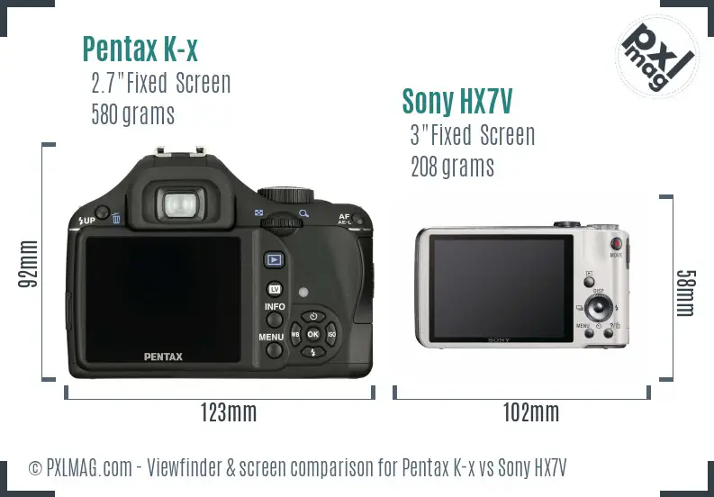 Pentax K-x vs Sony HX7V Screen and Viewfinder comparison