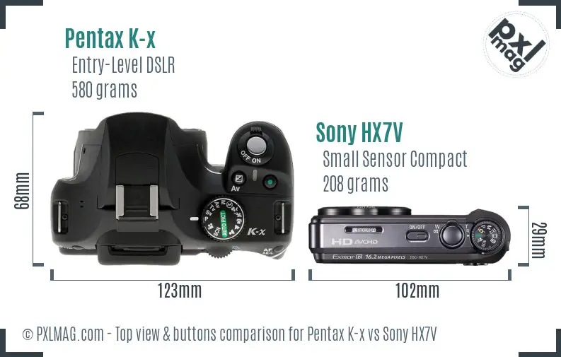 Pentax K-x vs Sony HX7V top view buttons comparison