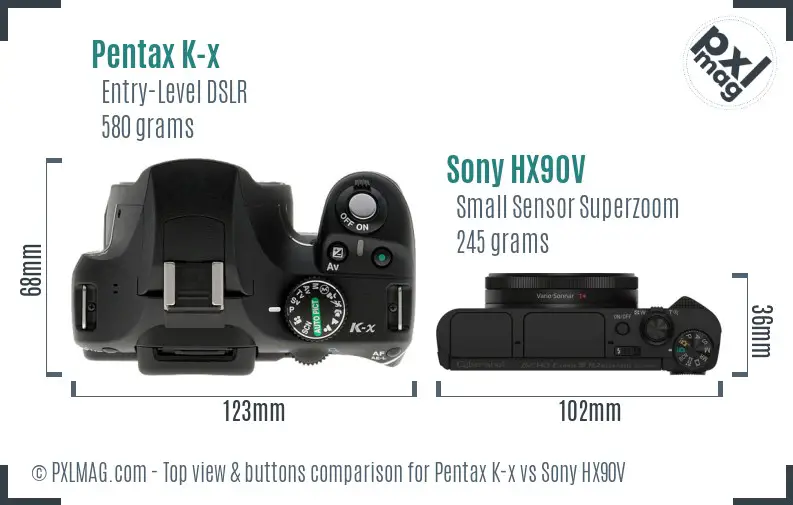 Pentax K-x vs Sony HX90V top view buttons comparison Pentax K-x vs Sony HX90V top view buttons comparison