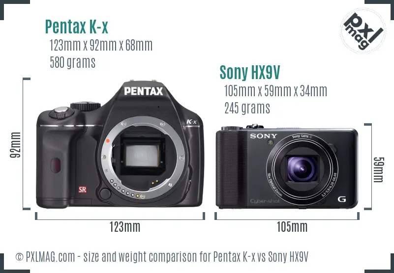 Pentax K-x vs Sony HX9V size comparison Pentax K-x vs Sony HX9V size comparison