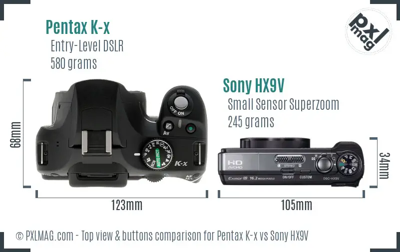 Pentax K-x vs Sony HX9V top view buttons comparison Pentax K-x vs Sony HX9V top view buttons comparison