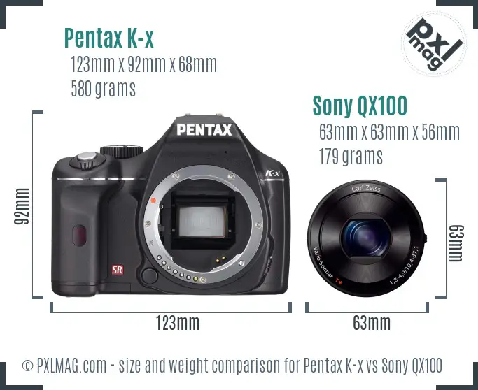 Pentax K-x vs Sony QX100 size comparison