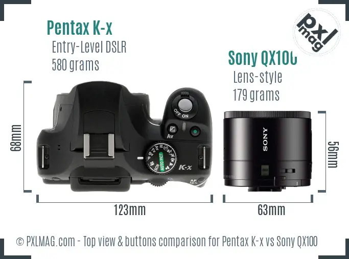 Pentax K-x vs Sony QX100 top view buttons comparison