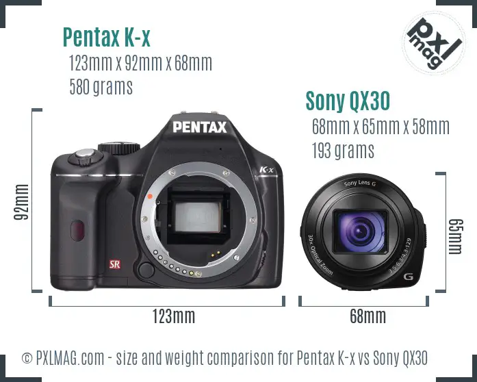Pentax K-x vs Sony QX30 size comparison