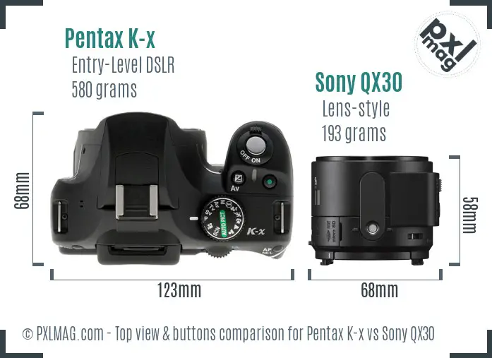 Pentax K-x vs Sony QX30 top view buttons comparison