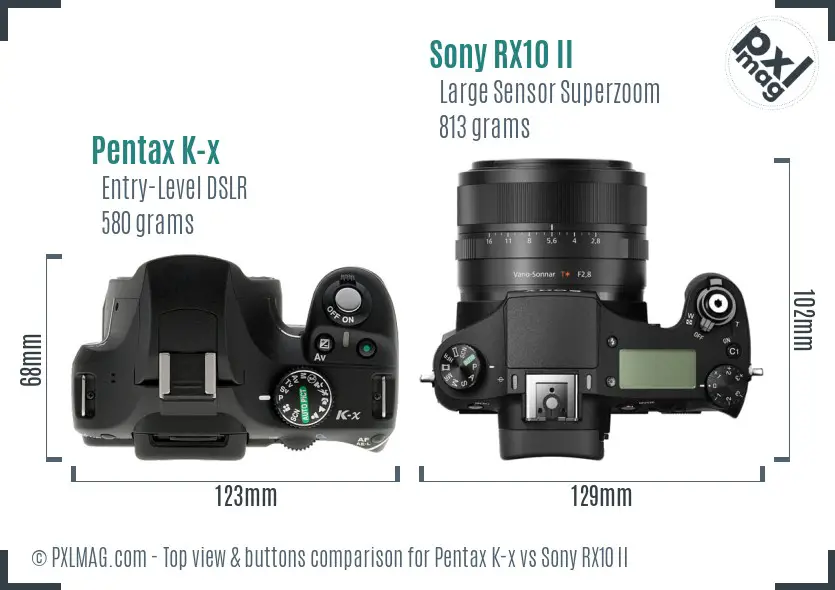 Pentax K-x vs Sony RX10 II top view buttons comparison