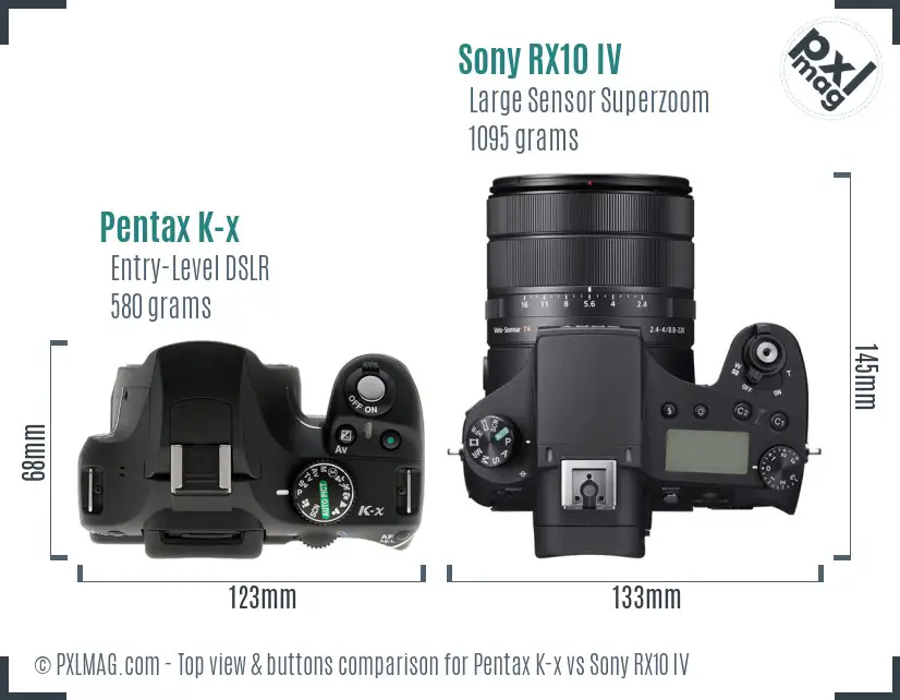 Pentax K-x vs Sony RX10 IV top view buttons comparison Pentax K-x vs Sony RX10 IV top view buttons comparison