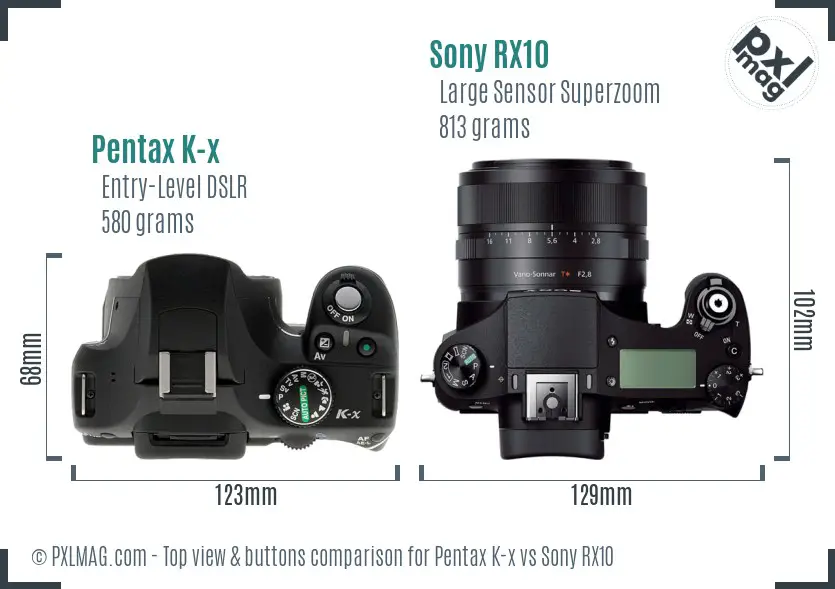 Pentax K-x vs Sony RX10 top view buttons comparison