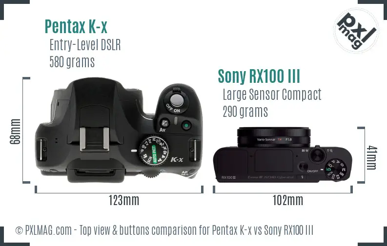 Pentax K-x vs Sony RX100 III top view buttons comparison Pentax K-x vs Sony RX100 III top view buttons comparison